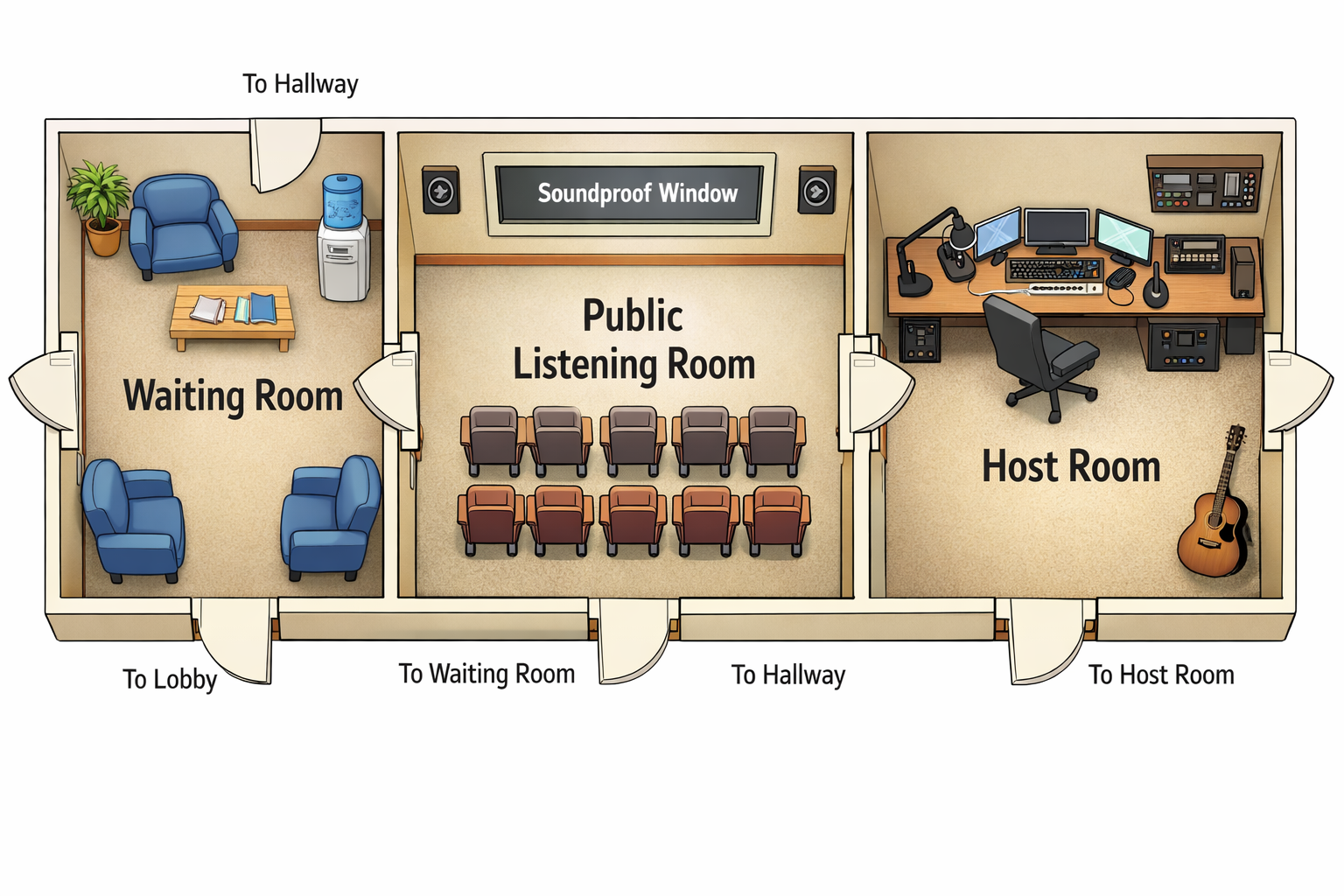Floor plan showing Waiting, Listen, and Host zones.